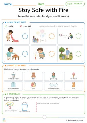 Diwali Fire Safety Worksheet for Kids Ages 4-6 | RaisoActive