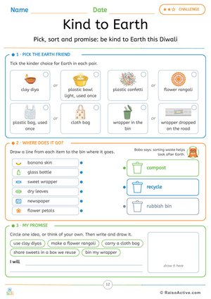 Eco Diwali Worksheet: Kind to Earth for Kids | RaisoActive